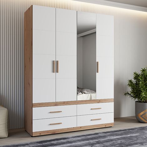 Großer Kleiderschrank Taxco, Schlafzimmer Schrank mit 4 Schubladen, 2 Regalen, Kleiderstange, 155x208h cm Mat Weiß (1/5)