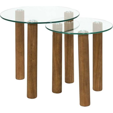 Lot de 2 Tables basses gigogne rondes en verre trempé pieds en hévéa - INAYA (1/5)
