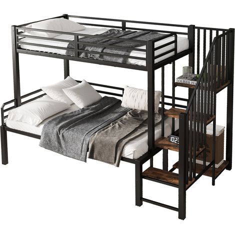 Lit superposé en métal et MDF avec escalier d’angle 4 marches, rangement intégré, couchages 90x200 et 120x200 cm, noir, sécurité enfant, gain de place - CHICFURN (1/5)