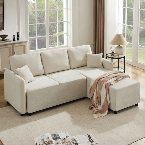 Canapé d’angle 3 places en chenille, 187,5 x 144 x 85,5 cm, beige clair HAVRYA (1/5)