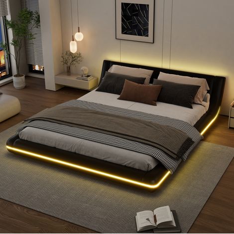 Lit Boden 160x200 cm en PU noir avec éclairage LED et sommier à lattes (1/5)
