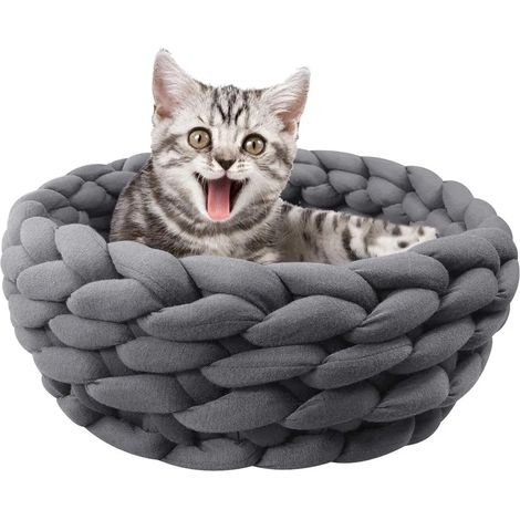 Runder, gestrickter Katzenkorb aus Baumwolle, niedlicher Bohème-Stil (30 cm, dunkelgrau)
