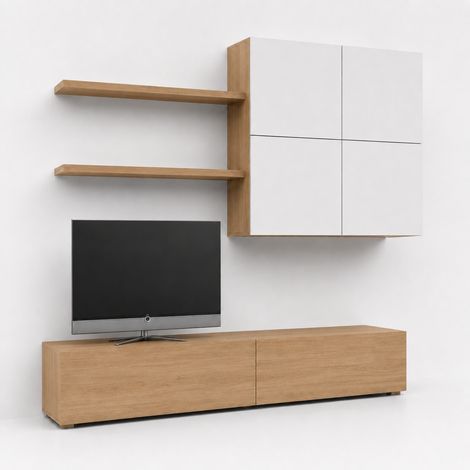 Mobile Soggiorno Parete Attrezzata Con Base TV 2 Ante Pensile 4 Ante E 2 Mensole Design Contemporaneo In Melaminico Facile Da Pulire 200 X 194 X 40 Cm Bianco E Rovere (1/5)