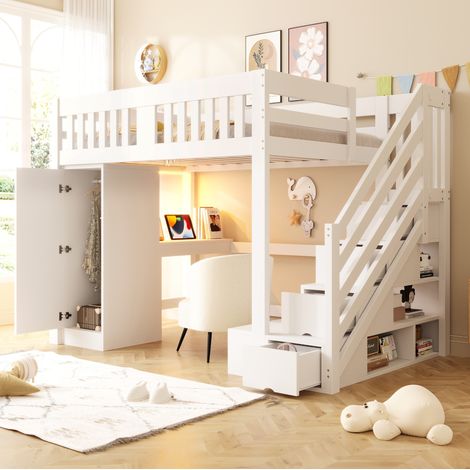 lit adulte mezzanine rangement bureau 140x200 blanc OKMYHOME (1/5)