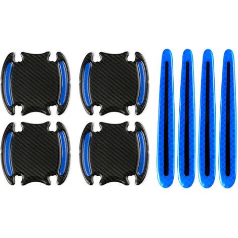 Lot de 8 Film Autocollant Poignée Portière Voiture, Bandes Réfléchissantes Sécurité Protection Poignée De Porte Anti-Collision Universel Voiture Anti-Rayures 3D Fibre de Carbone Bleu (1/5)