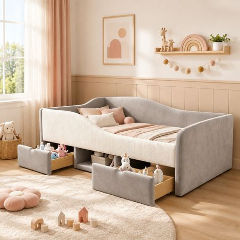 Lit enfant rembourré 90x190 cm gris avec 2 tiroirs et barrières en velours (1/5)