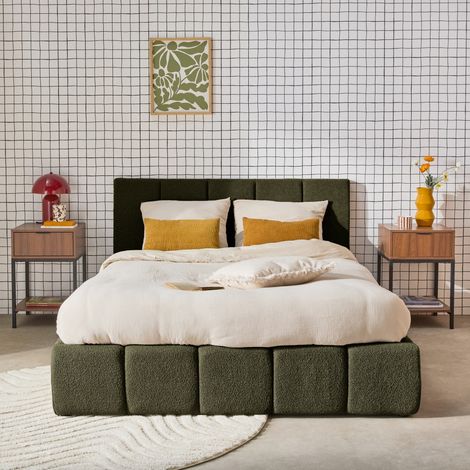 Lit coffre double avec sommier à lattes et tête de lit kaki finition bouclette texturée 140x190cm- Lex