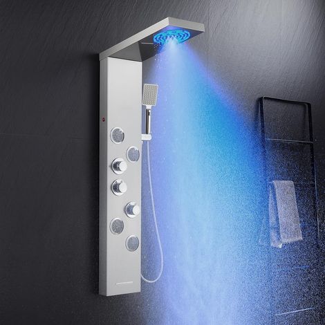 Colonne de Douche Thermostatique, Panneau à 6 Fonctions avec Éclairage LED, Hydromassante avec Mitigeur et Buses Massants, Acier Inox 304 Brossé (1/5)