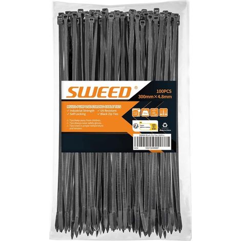 100 Stück Kabelbinder 300 x 4,8 mm, schwarze Kabelbinder, Kunststoff-Kabelbinder, flexible und robuste Kabelbinder mit einer Zugfestigkeit von 22 kg, wiederverwendbare Kabelbinder für den Innen- und A (1/5)