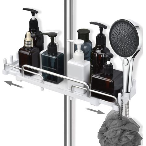 Teleskop-Duschablage 32-48 cm, Hängendes Badezimmerregal ohne Bohren, Ablage für Duschstangen 18 bis 25 mm (Weiß)