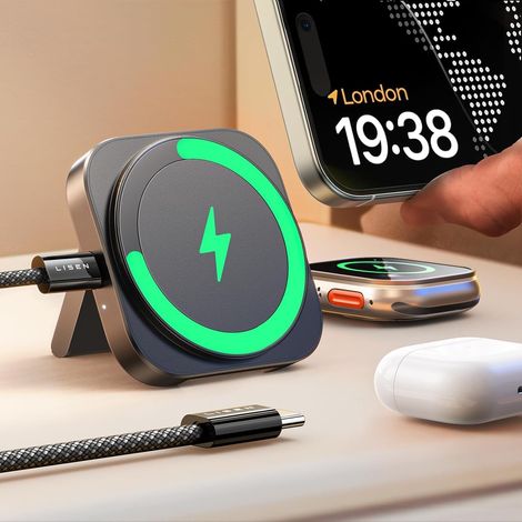 Support Chargeur Induction iPhone pour [Ultra Portable] Chargeur MagSafe Apple [2 en 1] Compatible iPhone 12-16 Pro Max Et Apple Watch Series 2-10/AirPods 2 3Pro (1/5)