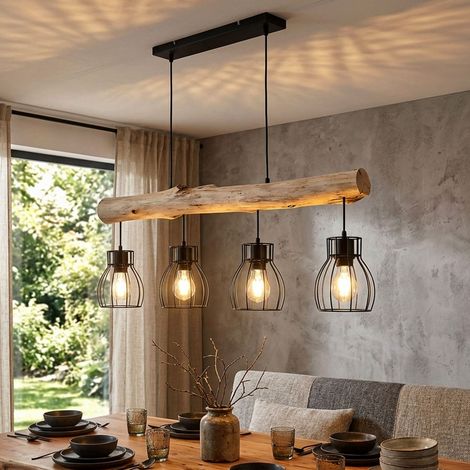 Lampada a sospensione a LED, lampada a sospensione con trave in legno, lampada da tavolo da pranzo a 4 fiamme, design a gabbia, metallo nero, 4x 7W 4x 806lm bianco caldo, LxH 82,5 x 140 cm (1/5)
