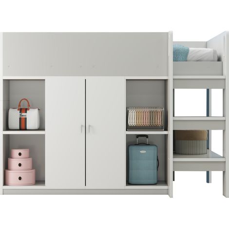 Cama Alta Individual con Armario, Estantes y Escalera 90 x 200 cm, sin Colchón, de Madera, Gris (1/5)