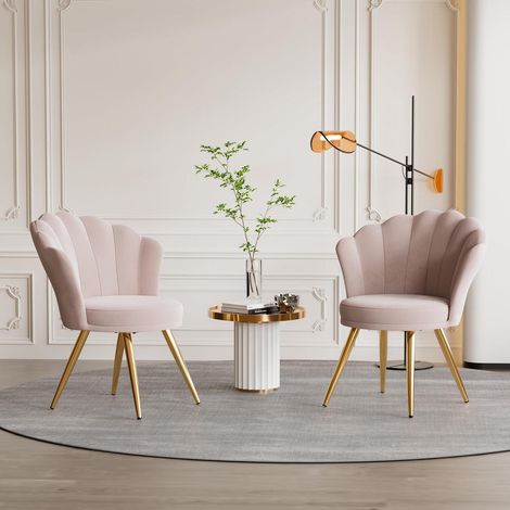 Samt Esszimmerstühle Muschelform mit Rückenlehne & Armlehnen, Gold Metallbeine, Pink (2er-Set) (1/5)