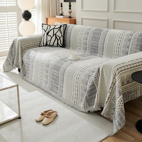 JSSEVN - Bohemian Style Plaid Sofa Cover, Large Chenille Throw with Fringe, Reversible Sofa Throw 18090cm - Grey (1/5)