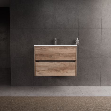 Inda - Badezimmerschrank 2 Schubladen L.80 mit glänzendem Waschbecken / Natureiche - Diamante (1/5)