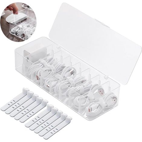 Organizzatore di cavi - Scatola di gestione - Con 10 fascette - Plastica trasparente - Per scrivanie, banchi da lavoro, soggiorni, camere da letto (taglia grande con coperchio) (1/5)