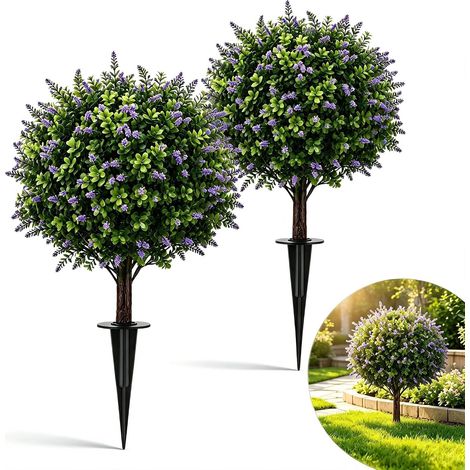 Arbre artificiel de laurier-lavande en forme de topiaire 60 cm - Lot de 2, plante artificielle résistante aux UV avec support pour jardin et balcon (1/5)