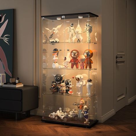 Glasvitrine mit LED, Sammlervitrine für das Wohnzimmer, Weinschrank, Vitrine Schrank 2 Türen 4 Regale, gehärtetes Glas, Schwarz