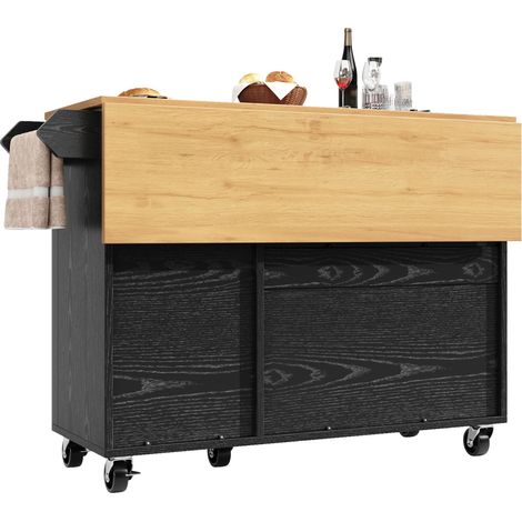 Îlot de cuisine, chariot de service effet bois, buffet, 130x45(75)x92 cm, chariot de cuisine extensible sur roulettes avec porte-serviettes, porte-épices, séparateurs réglables, 3 portes, blanc/noir
