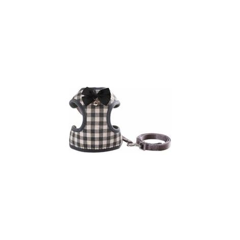 Arc pour animal de compagnie avec laisse en maille respirante et cloche, carreaux gris, taille S – (1/5)