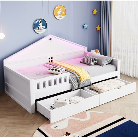 DESVIAE Lit enfant 90 x 200 cm avec LED et 2 tiroirs de rangement sommier à lattes en bois blanc (1/5)