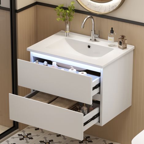 Mobile lavabo sospeso moderno 61 x 46 x 45 cm bianco in MDF laccato con lavabo integrato in ceramica, 2 cassetti e luce LED (1/5)