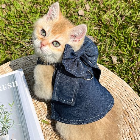 1 vêtement en jean pour chien et chat, harnais intégré avec anneau en D, gilet à volants, robe princesse, taille XXL (1/5)