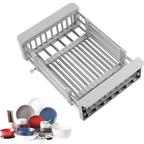 Escurridor de cocina retráctil de acero inoxidable - Escurridor de platos retráctil - Cesta de drenaje telescópica con reposabrazos ajustable - Estante de almacenamiento de acero inoxidable (1/5)