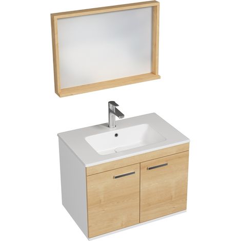 RUBITE Meuble salle de bain simple vasque 2 portes chêne clair largeur 70 cm + miroir cadre (1/4)