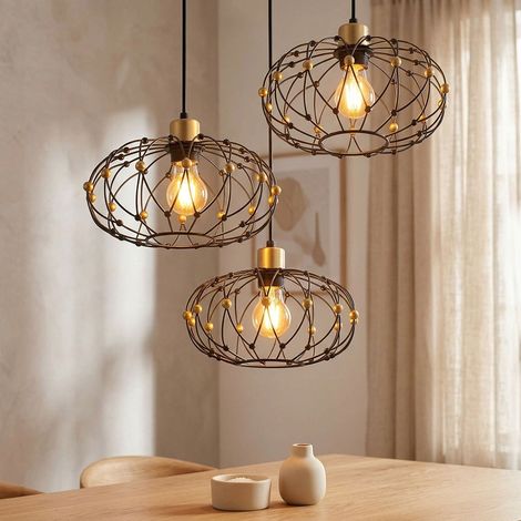 Lampada a sospensione regolabile in altezza, nera con finitura dorata, a 3 luci, H 150 cm (1/5)