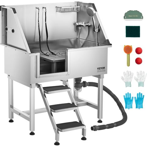 VEVOR Baignoire de Chien Acier Inoxydable, Baignoire de Toilettage pour Animaux de Compagnie 96 cm Station de Lavage Chat, avec Escalier a Droite, Robinet, Pommeau de Douche, Porte-savon, Porte Gauche