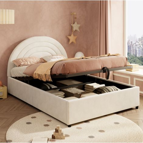 Lit tapissé 140/200 cm beige en velours avec rangement hydraulique (1/5)