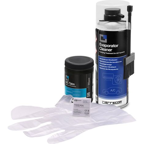 Errecom Kit pulizia climatizzatori, include Evaporator Cleaner PRO pulitore climatizzatori con pennello erogatore setole dure, A/C Tabs 40 pastiglie per climatizzatore ad azione prolungata, guanti (1/5)