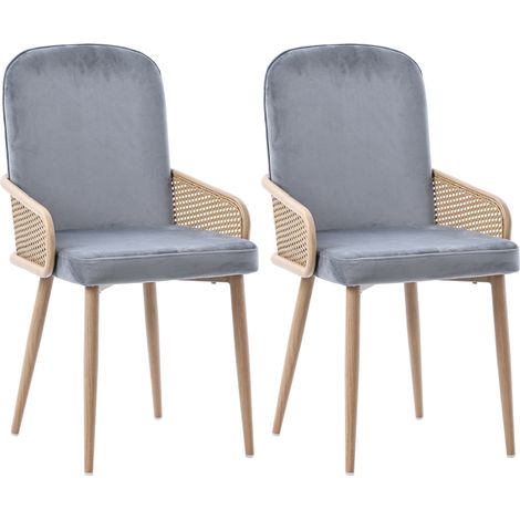 Set di 2 sedie da pranzo in velluto grigio con design in rattan e gambe metalliche effetto legno (1/5)