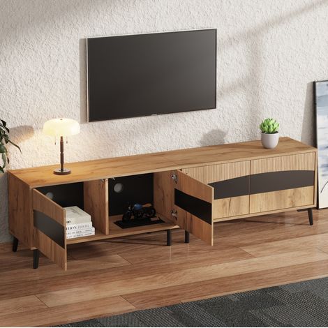 Mueble TV 180x40x50 cm de tablero de partículas, madera natural y negro, 4 puertas - CHICFURN (1/5)