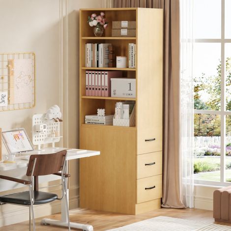 Étagère haute 60x38x180 cm en panneaux de bois chêne, gain de place pour bureau FloraGrace (1/5)