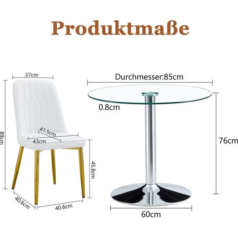 Conjunto de comedor redondo de cristal transparente 85 cm con 4 sillas blancas de PU y patas doradas (1/5)