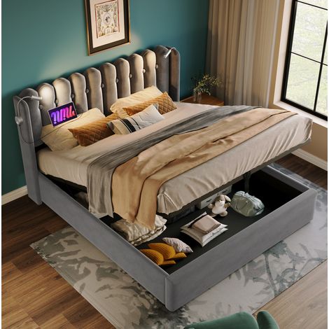 Bettgestell 160x200 cm Grau aus Samt mit Leselicht, USB-Ladefunktion und Stauraum (1/5)