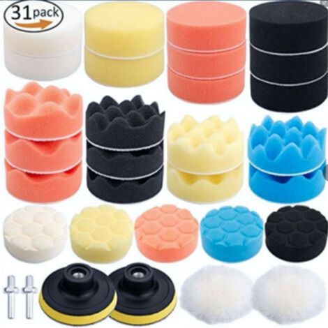 31Pcs Éponge De Polissage Auto Polisseuse Voiture Kit avec M14 Drill Kit d'Adaptateur + Disque de polissage + Brosse De Nettoyage pour RO/DA Double Action Polisseuse