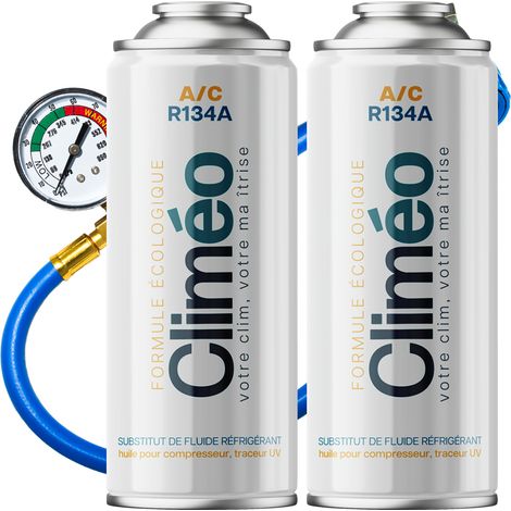 Climeo 2x400ml + Schlauch mit Manometer - Ökologisches Kältemittel R134a/R12 Unabhängiger Klimaanlagenservice (1/5)