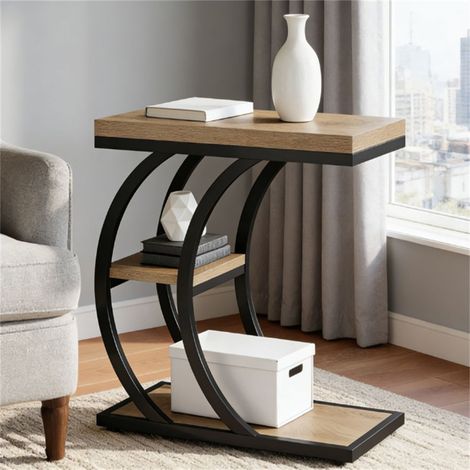 Table basse industrielle en forme de C à 3 niveaux avec rangement, en bois naturel, idéale pour le salon ou la chambre. (1/5)
