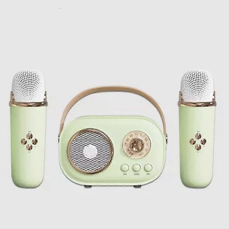 Online Store - Enceinte Bluetooth avec 1 à 2 microphones sans fil, compatible karaoké, carte TF, radio FM, basses Hi-Fi, appels mains libres, cadeau d'anniversaire pour enfants, verte (1/5)