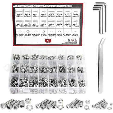 520PCS Kit Assortiment Vis Boulons Vis à Tête Cylindrique à Six Pans Creux Jeu de en Acier Inoxydable 304 avec écrous Rondelles (1/5)