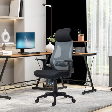 Silla de oficina con soporte lumbar y reposacabezas, asiento giratorio con altura regulable, color negro. (1/5)