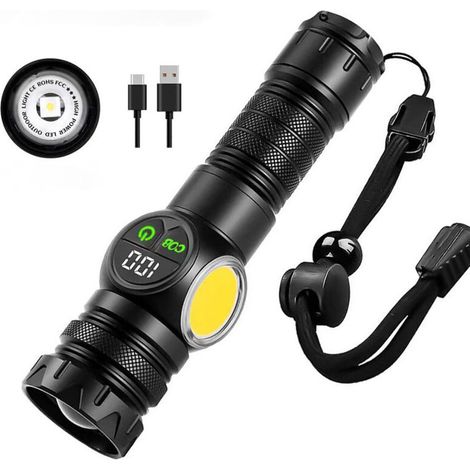 Torcia LED ultra potente, torcia ricaricabile da 2000 lumen, torcia magnetica con display digitale LCD, luci laterali COB, 9 modalità di illuminazione, per campeggio ed emergenze (1/4)