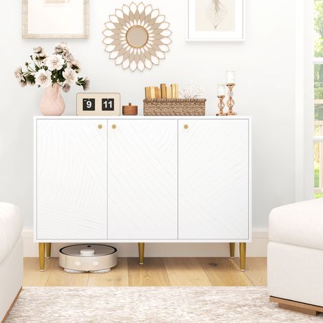 Rangement Buffet meuble de rangement avec 2 placard 3 portes étagères ajustables pieds dorés en acier 107 x 35 x 77 cm - blanc (1/5)