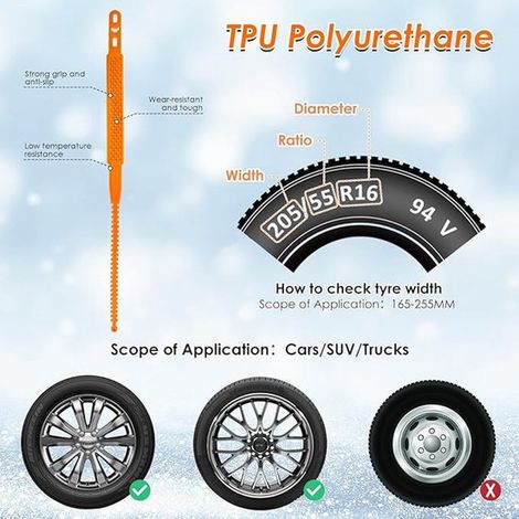 Juego de cadenas para nieve - Cadenas antideslizantes - Neumáticos de seguridad - Material plástico TPU - 10 piezas - Naranja (1/5)