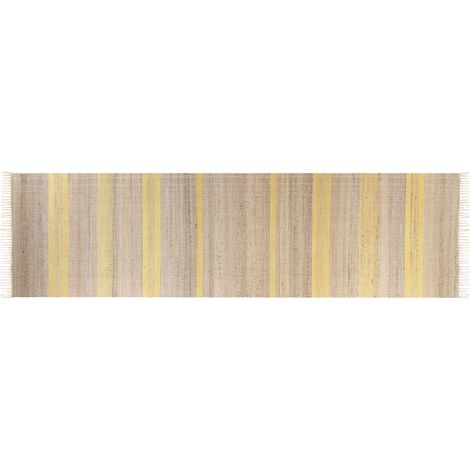Alfombra de yute beige claro natural amarillo 80 x 300 cm a rayas borlas Talpur