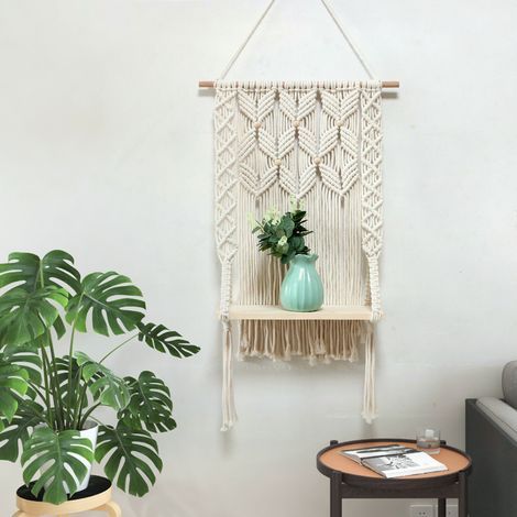 Wandregal aus Holz, Makramee, Boho-Stil, Pflanzen, Quasten, handgewebt (1/5)